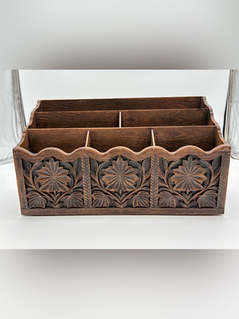 Vintage Lerner Desk Organizer Mail Sorter Faux Wood Carved Floral 6 Slot